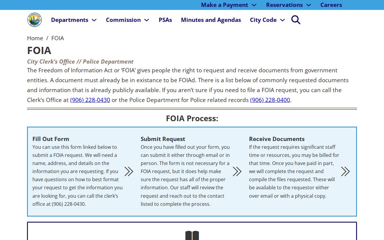 Marquette residents directory City FOIA request instructions
