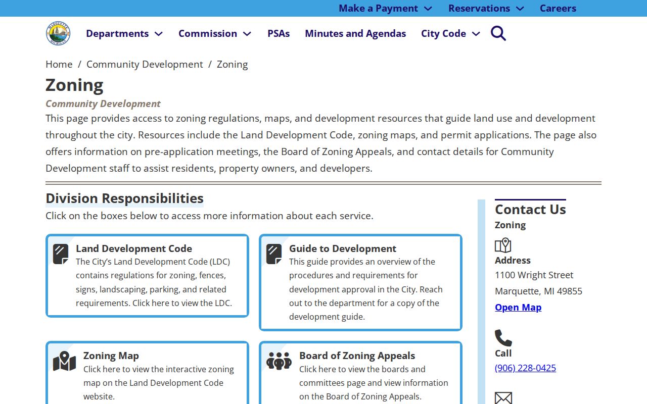 Marquette neighbors zoning records page for block and address context