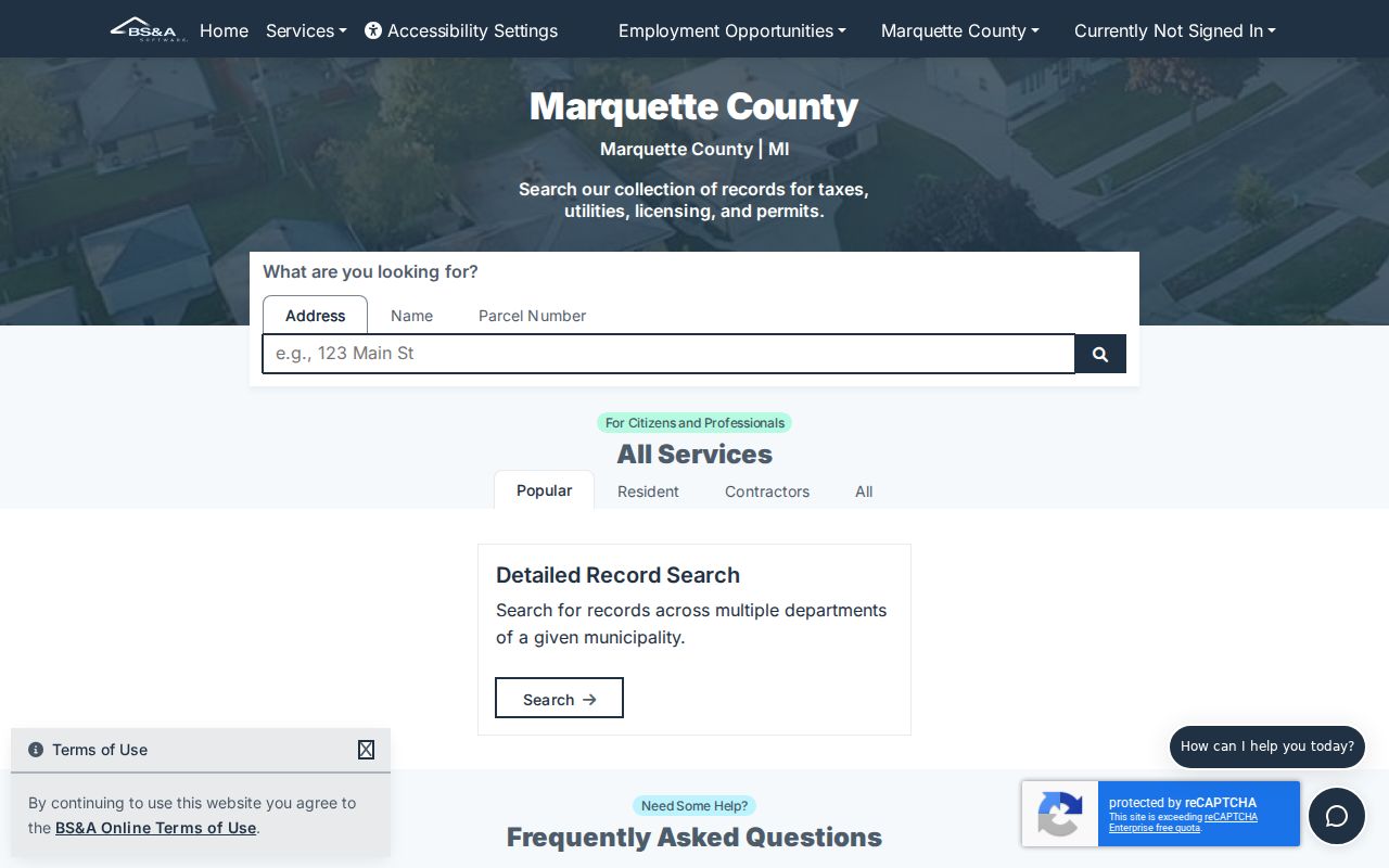 Marquette street directory BS&A public search with address, name, and parcel routes